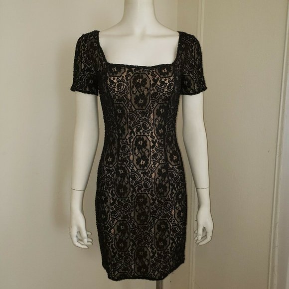 OLEG CASSINI BLACK TIE Size 4 Black & Beige LACE SEQUIN COCKTAIL DRESS - Picture 6 of 11
